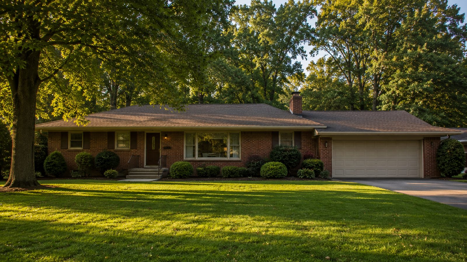 A 1960s suburban brick ranch home with attached garage and a wide front lawn in Abington