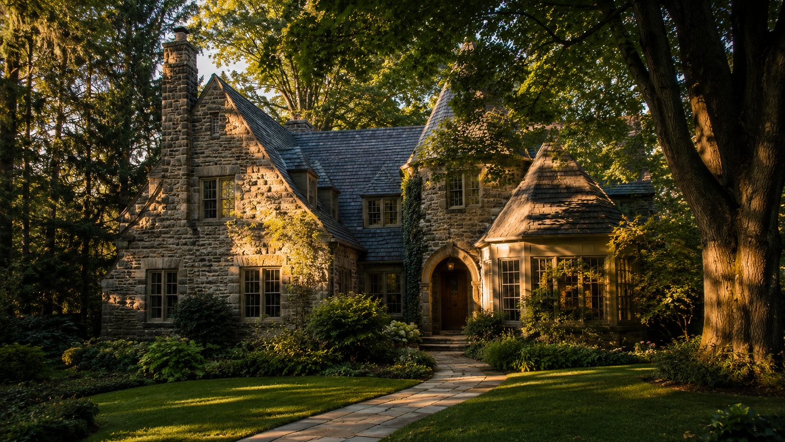A stately Wissahickon-stone single-family home with slate roof and turret in Chestnut Hill