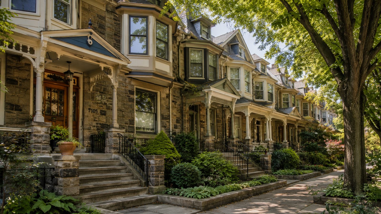 A row of Victorian stone twin homes with bay windows and mature trees on a Mt. Airy block