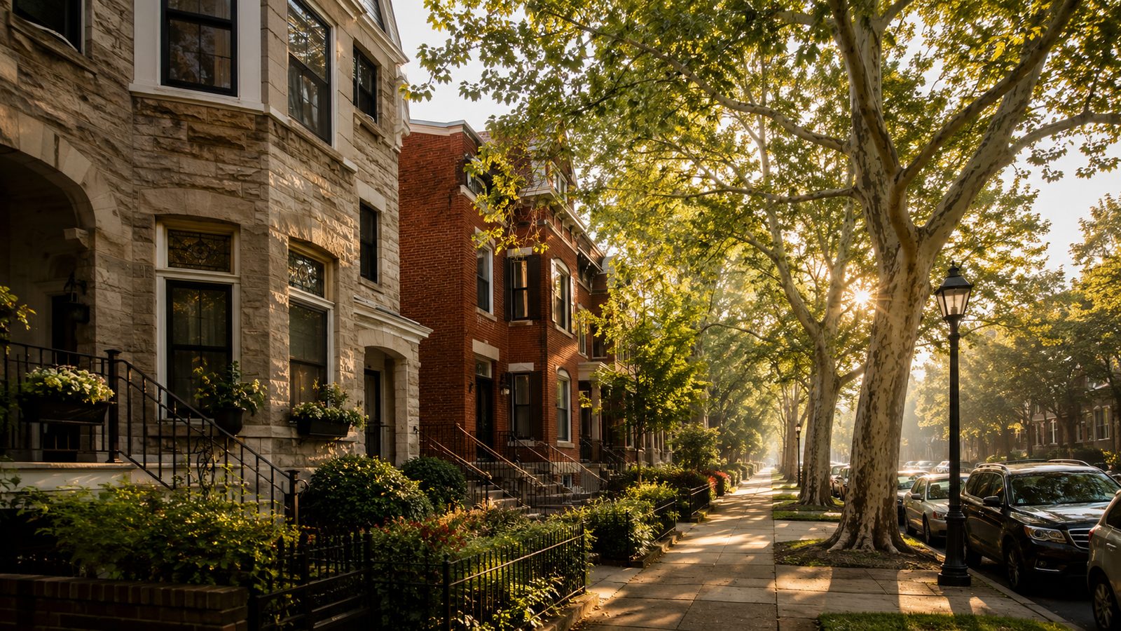A tree-lined Philadelphia residential street at sunrise with stone twin and brick row homes side by side