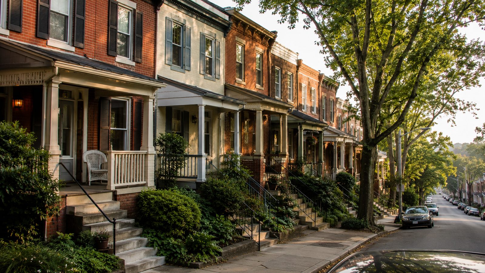 Brick row homes with covered front porches stepping down a sloped Roxborough street