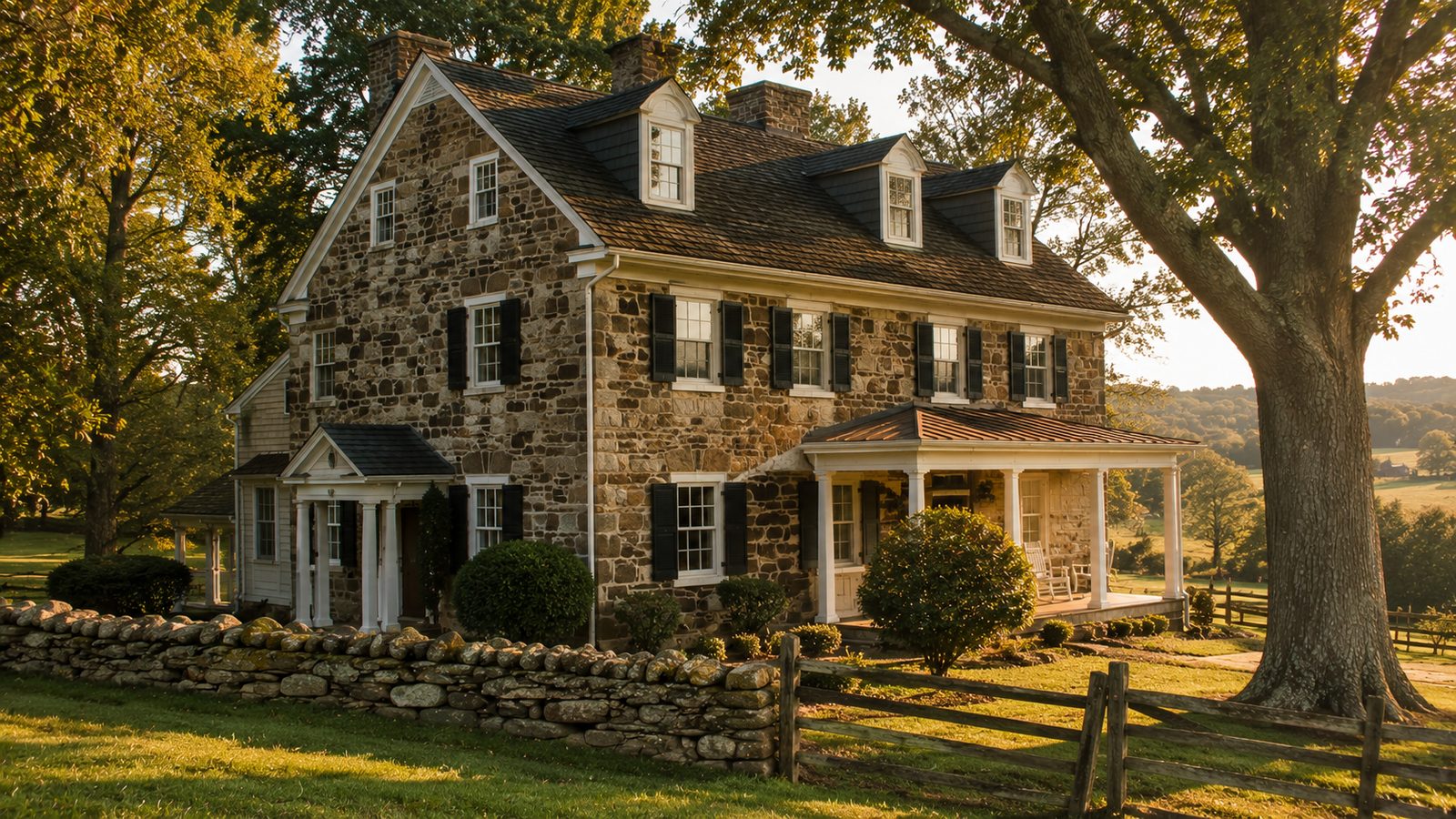A restored 1700s Pennsylvania fieldstone farmhouse with stone wall and split-rail fence in the Chester County countryside