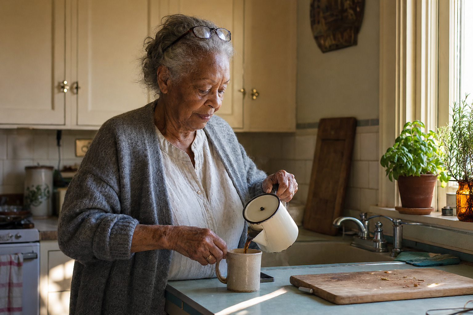An older woman pouring coffee from an enamel carafe into a ceramic mug at her kitchen counter, morning light from a side window