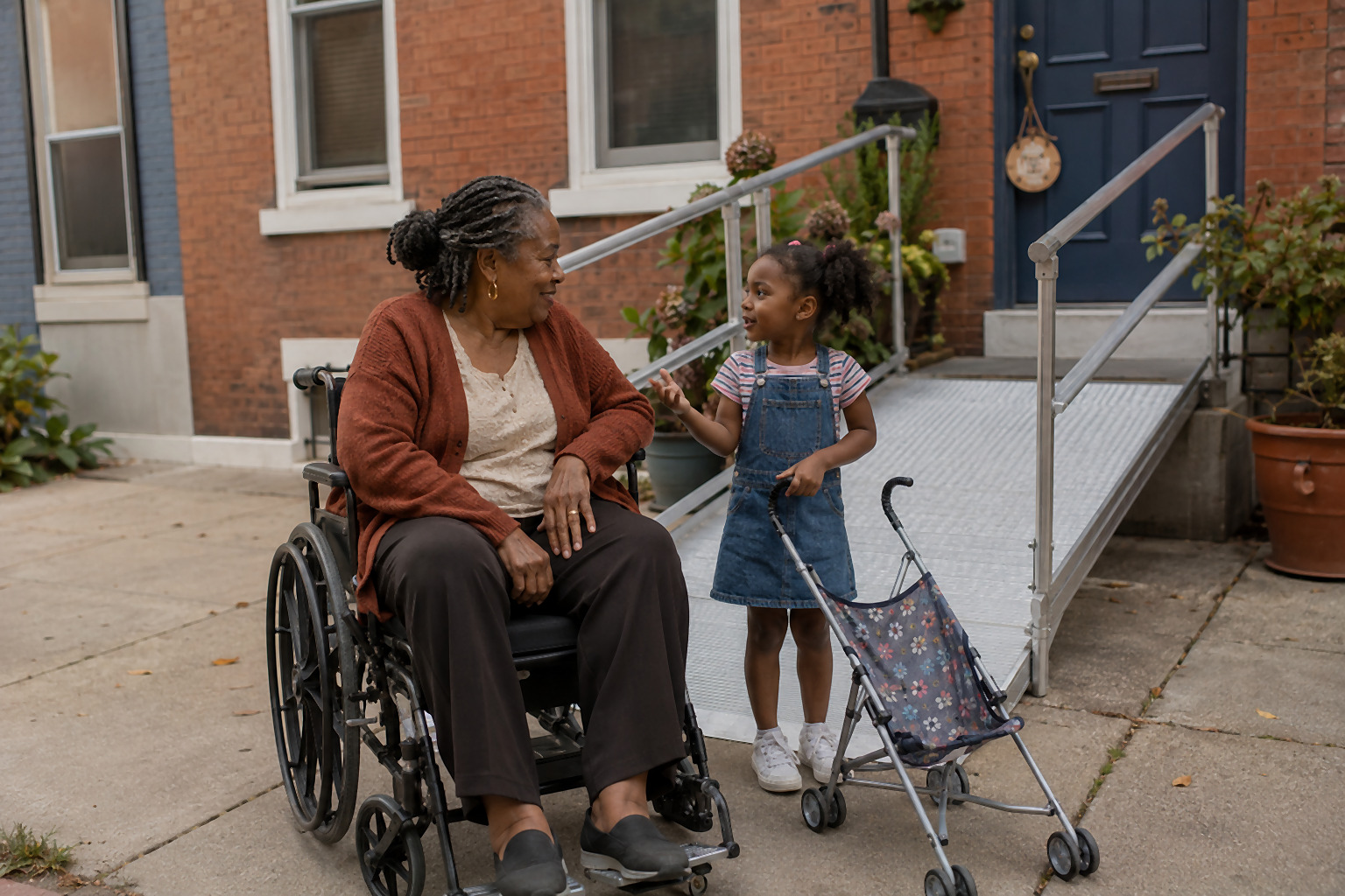A woman in her early 70s in a wheelchair at the base of a new aluminum ramp, mid-conversation with her young granddaughter holding a stroller handle