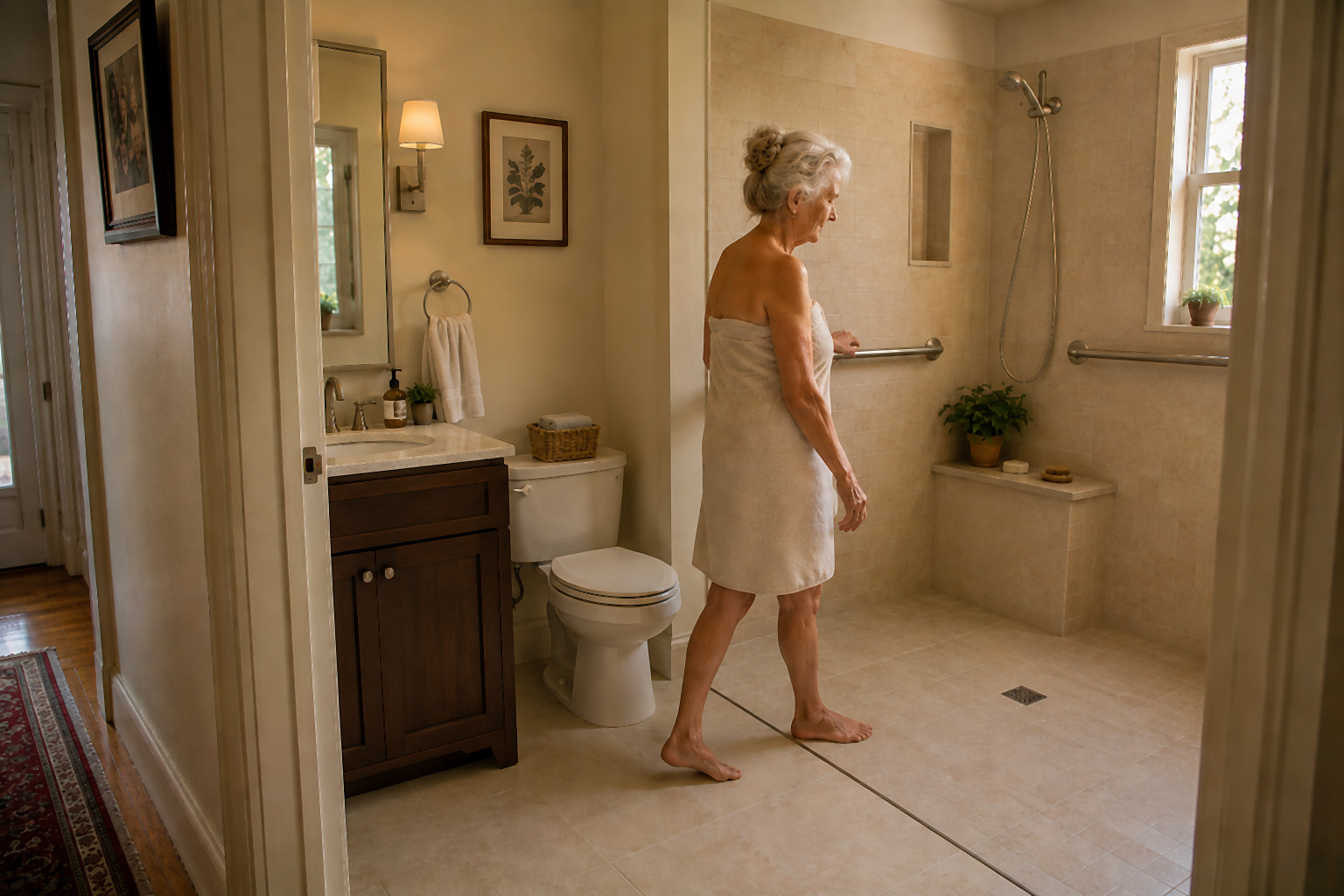 A woman in her late 70s drying her hands at her kitchen sink, looking out the window in afternoon light