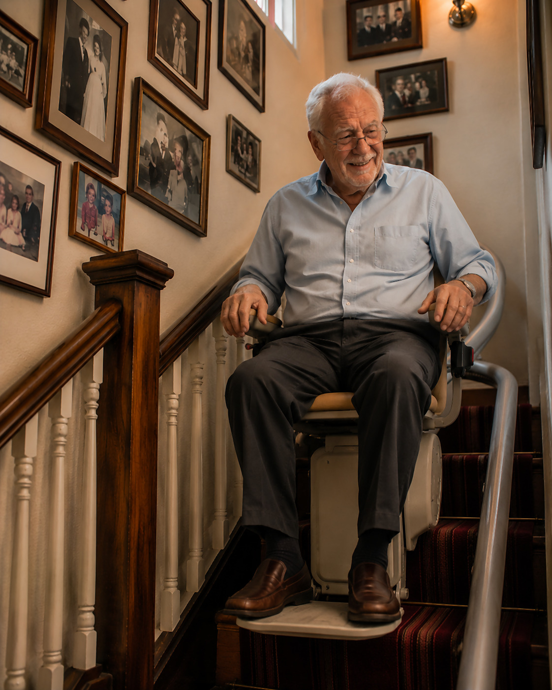 An older man in glasses sitting on his stair lift, smiling, with a gallery wall of family photos climbing the staircase behind him