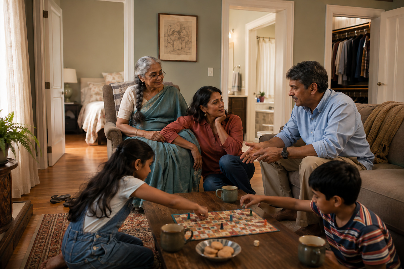A three-generation Indian-American family gathered around a coffee table in their newly renovated first-floor suite