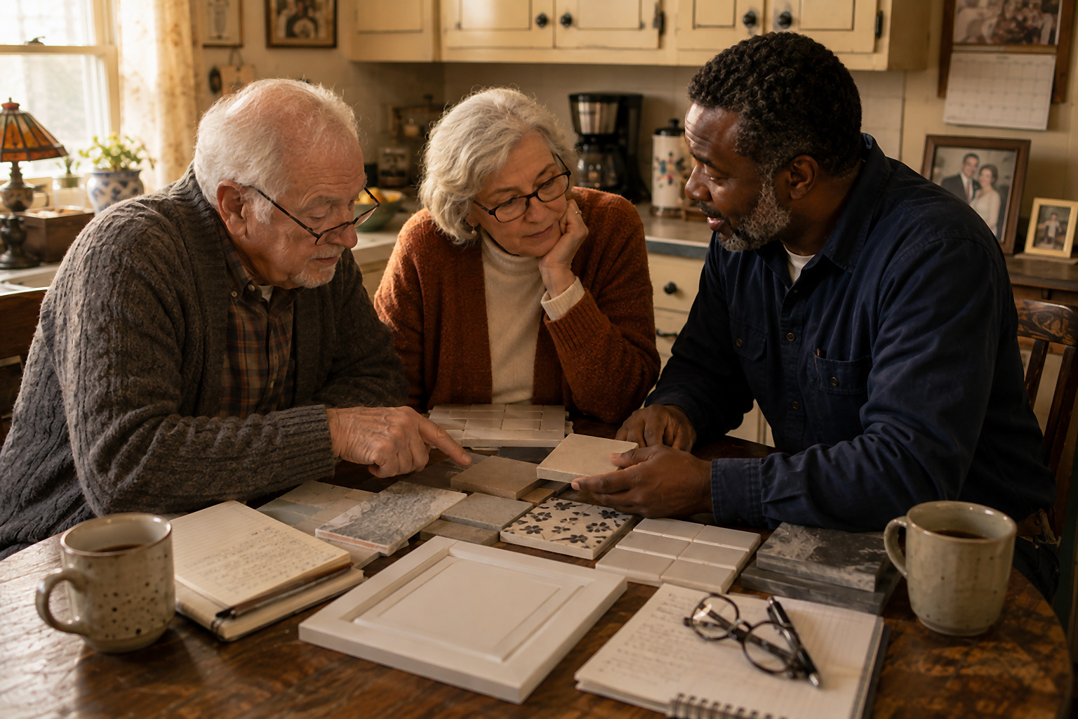 An older couple at their kitchen table looking together at a printed floor plan of their home