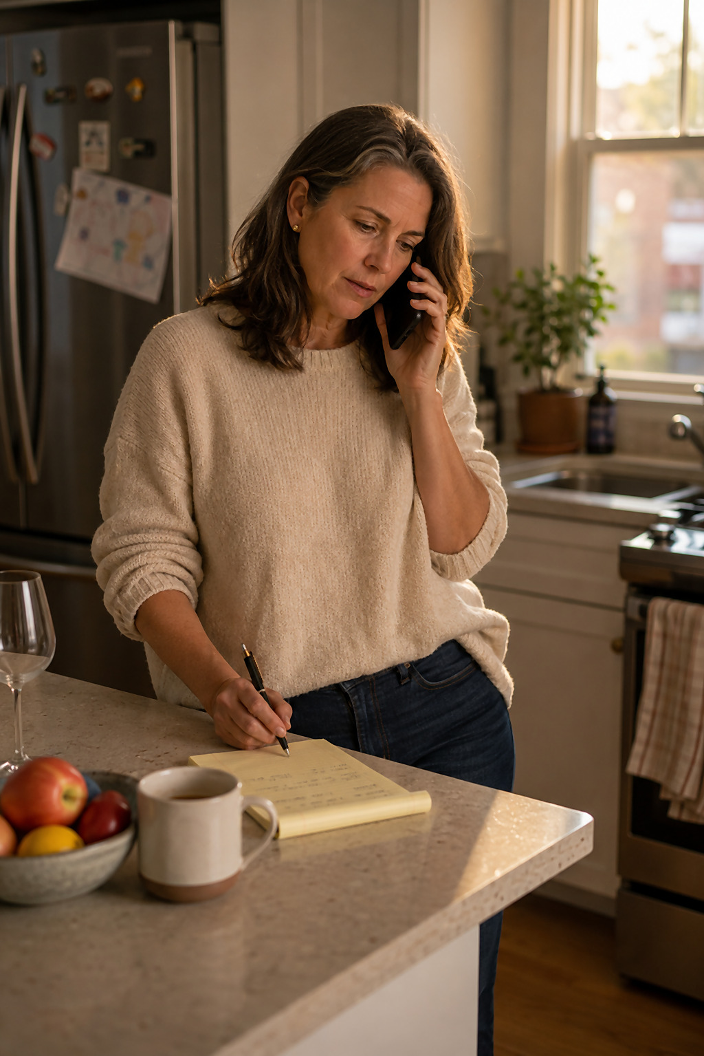 A woman in her early 50s in her kitchen, on a phone call, taking notes on a legal pad