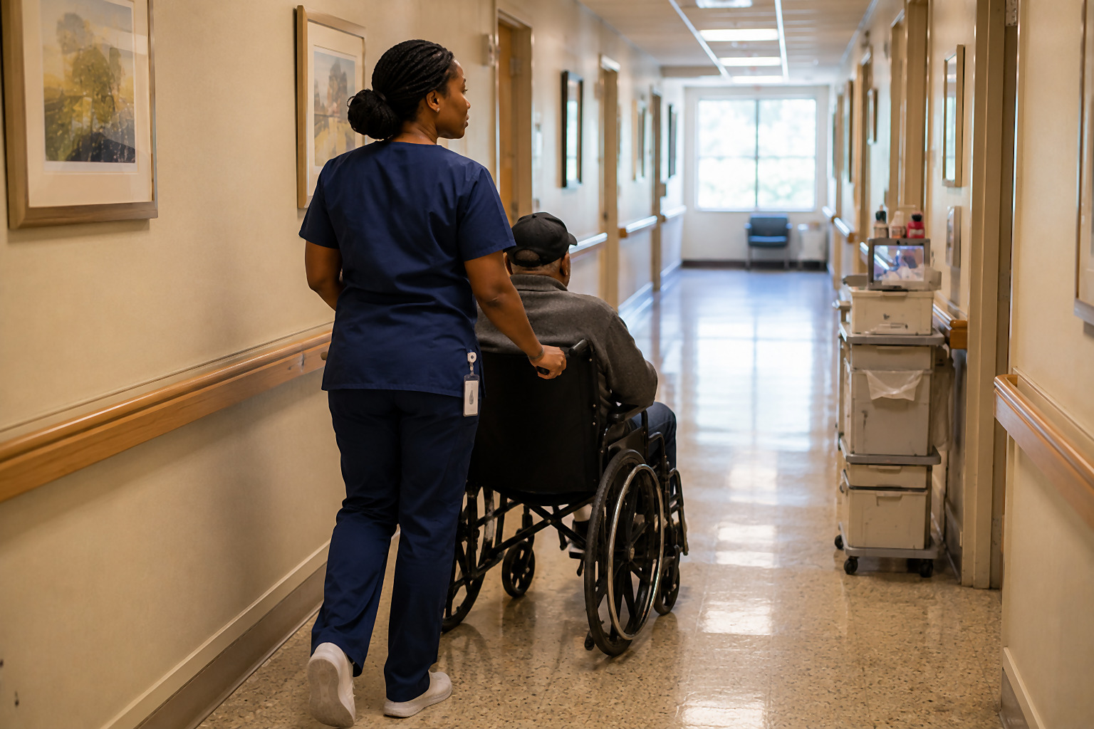 An occupational therapist in navy scrubs walking down a hospital corridor with a folder under her arm