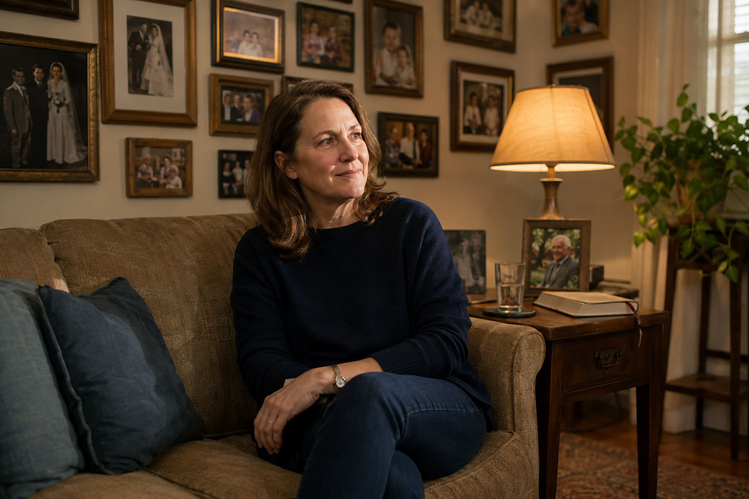 A woman in her late 40s seated on the couch in her father's living room, looking softly off-camera in warm afternoon light